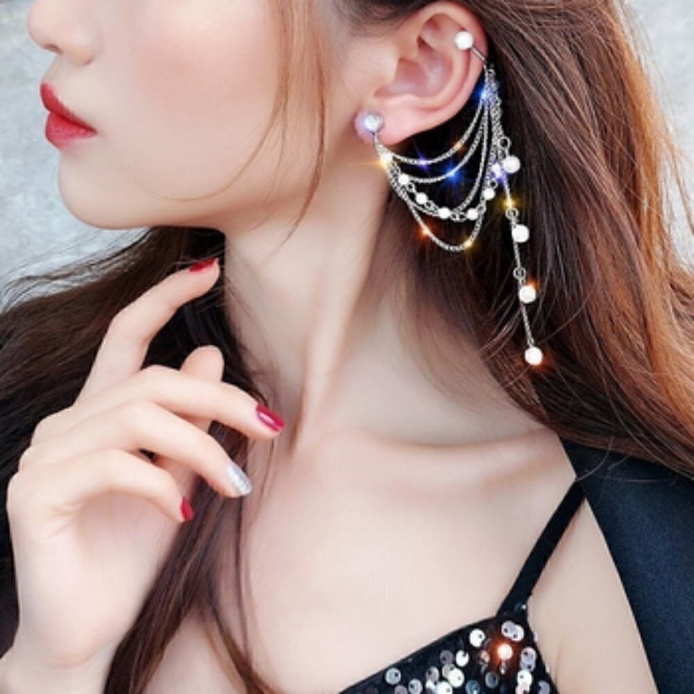 1pc Pearls Cuff wrap Chain Tassel earrings